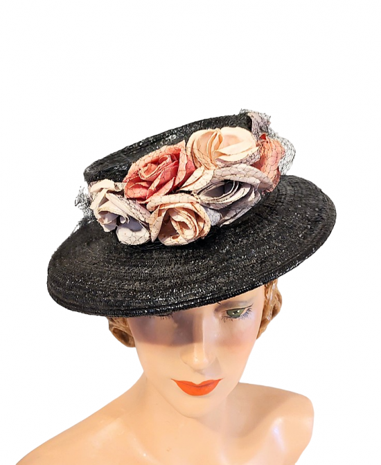 black 40s straw tilt brimmed hat flowers.png