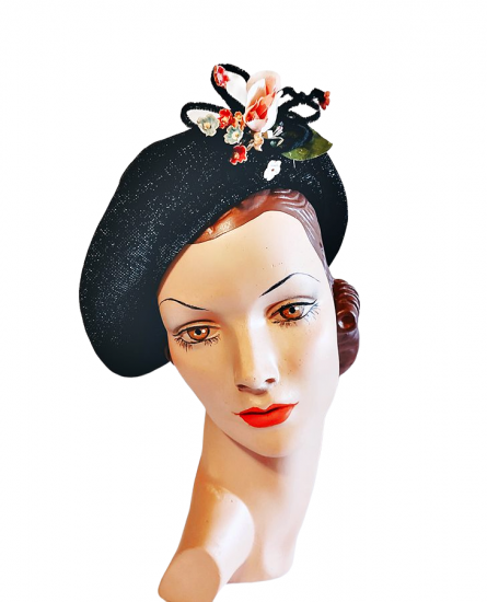 1940s black beret shape tilt hat flower trim home front another time vintage apparel 1.png