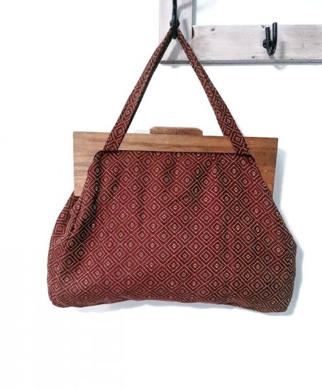 1940s burgundy fabric deco knitting bag purse,wood frame,vintage.jpg