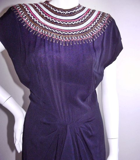 1940s dress,egyptian style yoke beading,anothertimevintageapparel.JPG