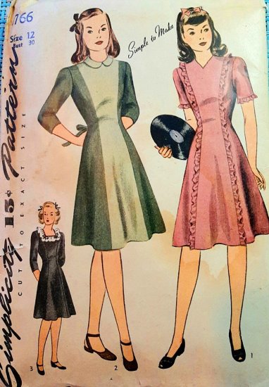 1940s junior size vintage dress pattern,3 styles,teens size,anothertimevintageapparel.jpg