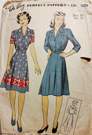 1940s vintage button front full skirt dress sewing pattern Du Barry 5524.jpg