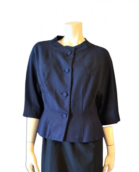 1950s blue wool suit jacket peplum back short sleeves.png