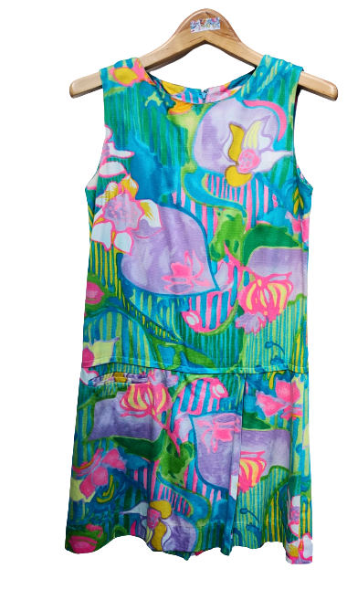 1960s bright blue green floral drop waist skort romper dress.png