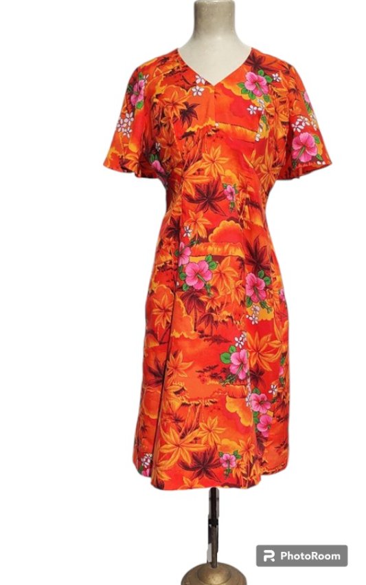 1970s bright orange tropical v neck hawaian dress midi vintage 2-Photoroom (1).jpg