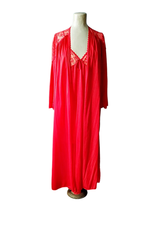 1970s vintage red nylon peignor set nightgown robe negligie-Photoroom.png-Photoroom.png 2.png