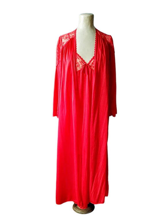 1970s vintage red nylon peignor set nightgown robe negligie-Photoroom.png-Photoroom.png 3png.png