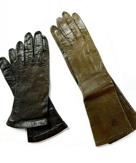 2 pair brown leather vintage gloves long short.jpg