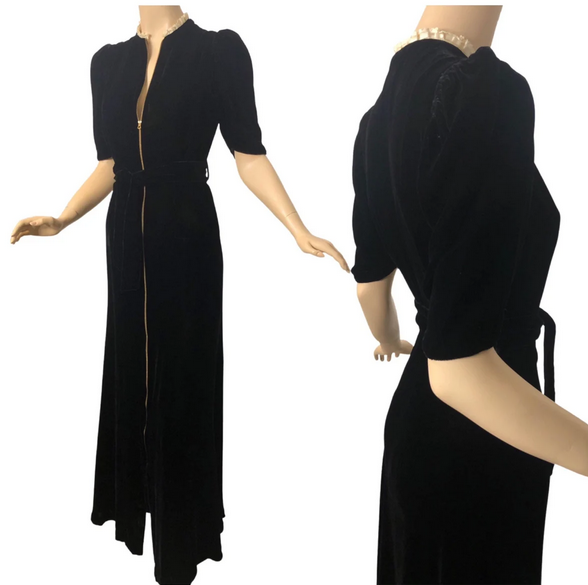 30s black velvet long zipper dress.png