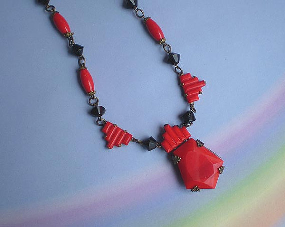 30s Deco Black Bead Red Step Necklace.jpg