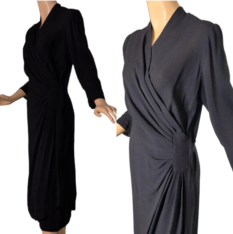 40s black crepe faux sarong dress.png