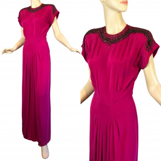 40s fuschia dress beaded collar gallery.JPG