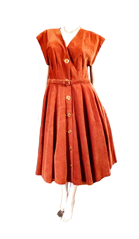 50s large size v neck jumper dress rust cord full skirt 1.png