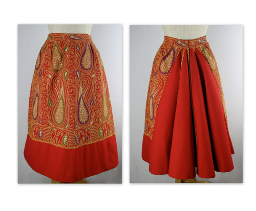 50s Tina Leser skirt, embroidered, red, paisley, lounge, 1955, full skirt - 2.jpg