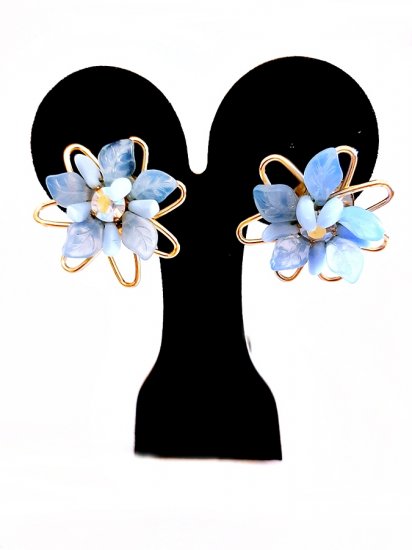 50s vintage blue plastic stones flower clip earrings,atomic starburst.jpg