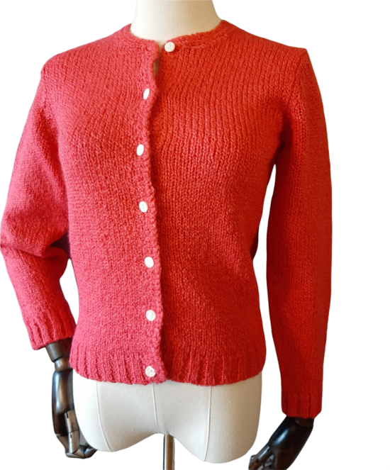 60s coral nylon cardigan sweater pretty buttons 1.png