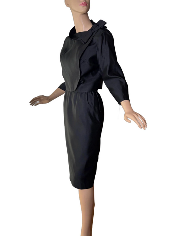 60s pure black silk dress and jacket with tag.png