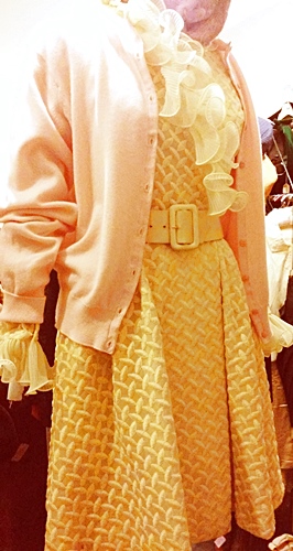 70s yellow vintage dress,pink cashmere sweater.jpg