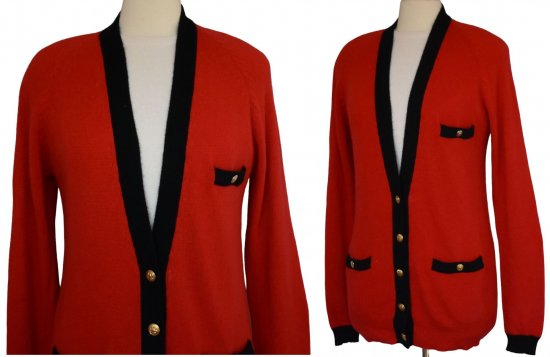 A DOUBLE RED AND BLACK NEIMAN CASHMERE CARDIGAN.jpg