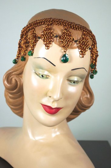 AM128-copper metal headdress green glass stones dangles - 1.jpg