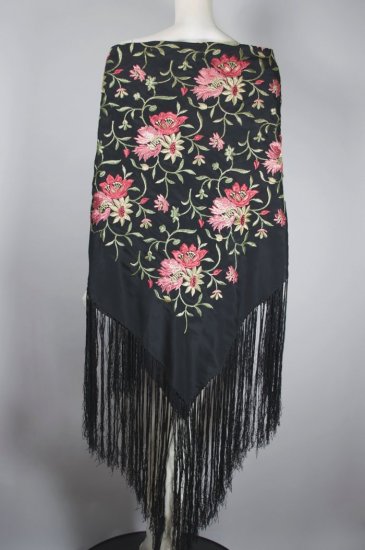 AM137-black floral embroidered silk 1920s fringed eveing shawl cape - 7.jpg