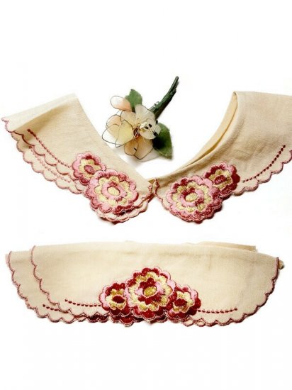 antique 1900s collar cuff set,silk,pink flowers,edwardian,anothertimevintageapparel.jpg