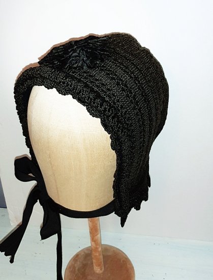 antique black winter bonnet, ties,victorian era,anothertimevintageapparel.jpg