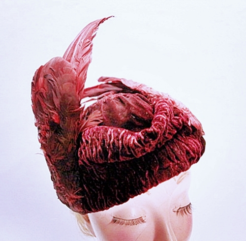 antique burg velvet hat with wings, anothertimevintageapparel.JPG