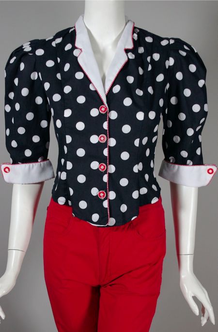 BL148-late 1970s top blouse XS polka dots puffed sleeves - 2.jpg