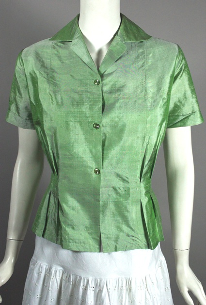 BL151-mint green Thai silk 1950s blouse 50s short sleeve top - 2.jpg