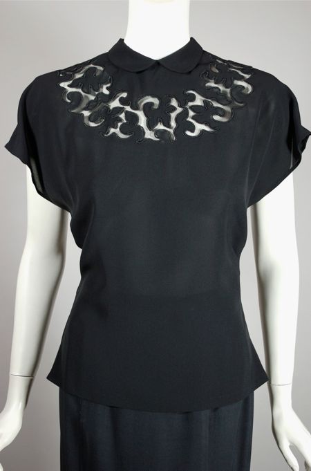 BL160-black blouse 1950s rayon crepe cutouts size 36 38 - 2.jpg