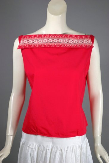 BL180-cherry red cotton 1950s blouse boatneck sleeveless S - 01.jpg