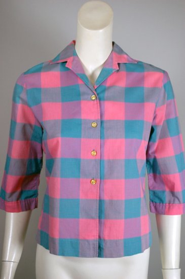 BL218-blue pink buffalo check plaid blouse 1960s XS - 1.jpg