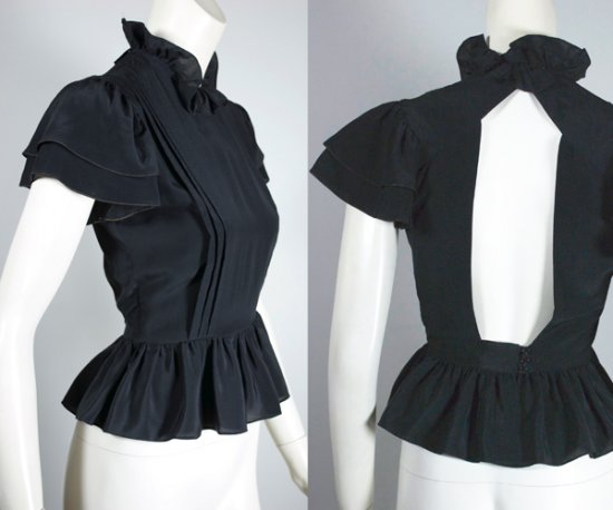 BL222-1970s black silk blouse ruffle  peplum backless XS 2 views.jpg