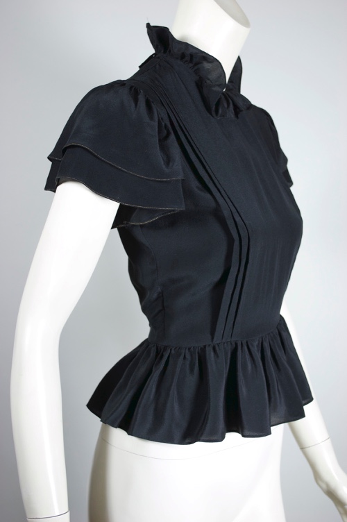BL222-1970s black silk blouse ruffle  peplum backless XS - 4.jpg