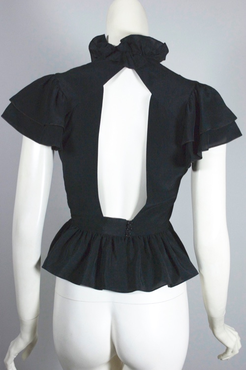 BL222-1970s black silk blouse ruffle  peplum backless XS - 5.jpg