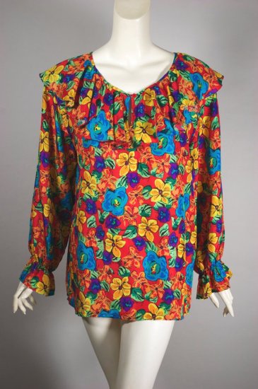 BL243-red floral silk poet blouse 80s-90s ruffle top M-L - 1.jpg