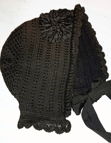 black antique knit bonnet,victorian crochet bonnet hat,mourning bonnet,winter victorian hat.jpg