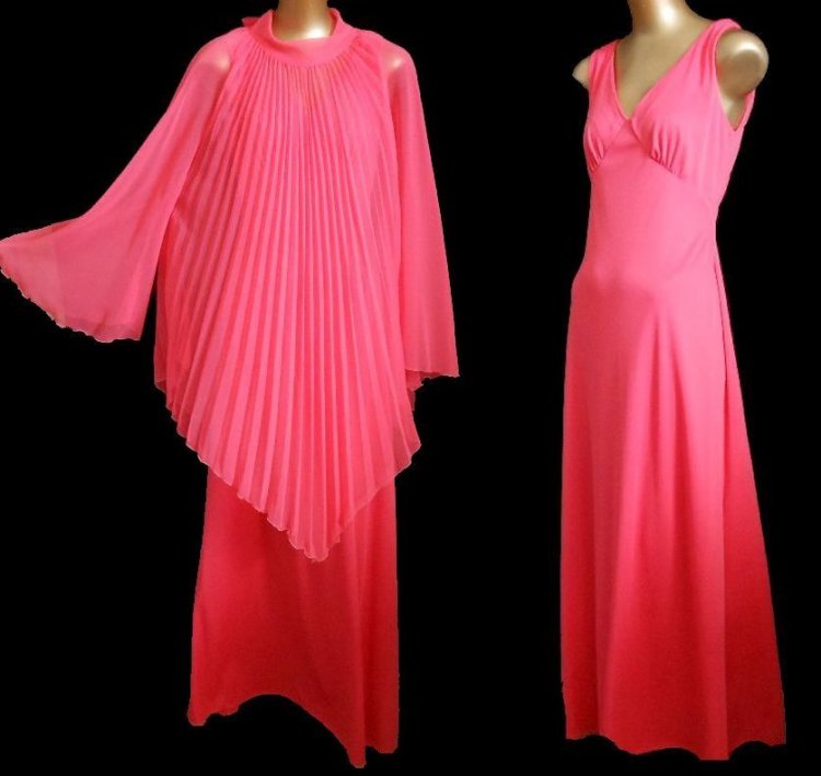 double coral pink dress with cape - full front with cape and full side without cape.jpg