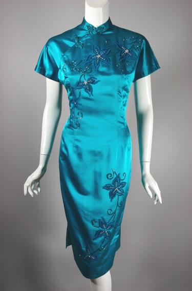 DR1096-aqua blue silk cheongsam dress 1960s cocktail beaded - 2.jpg