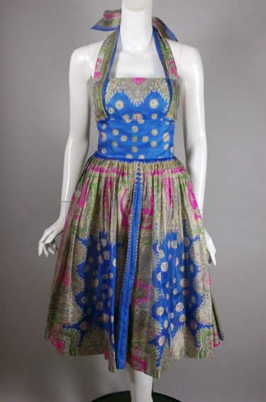 DR1115-print silk 1950s dress halter neckline 50s party dress - 4.jpg