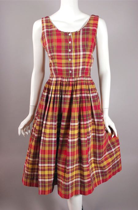 DR1133-madras cotton dress 1950s sundress XS red plaid - 2.jpg