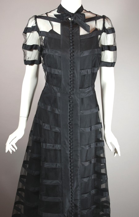 DR1138-1930s evening gown sheer black net taffeta stripe - 3.jpg
