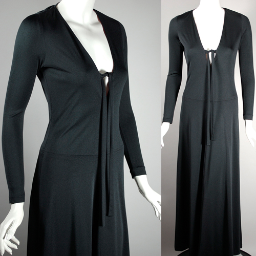 DR1141 black jersey maxi dress 70s plunge front evening gown.jpg