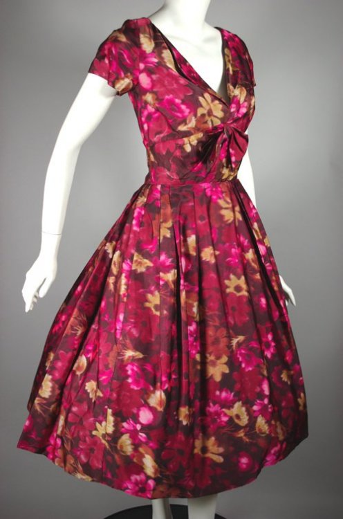 DR1171-fuchsia floral print silk 1950s party dress full skirt - 4.jpg