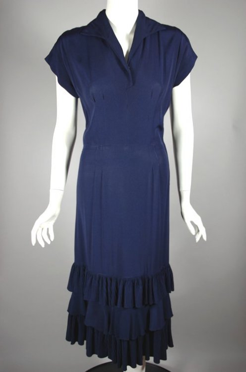 DR1175-pleated ruffles navy blue rayon 1940s 1950s dress - 5.jpg