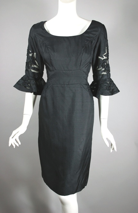 DR1181-1960s cocktail dress black silk beaded flounce sleeves - 1.jpg