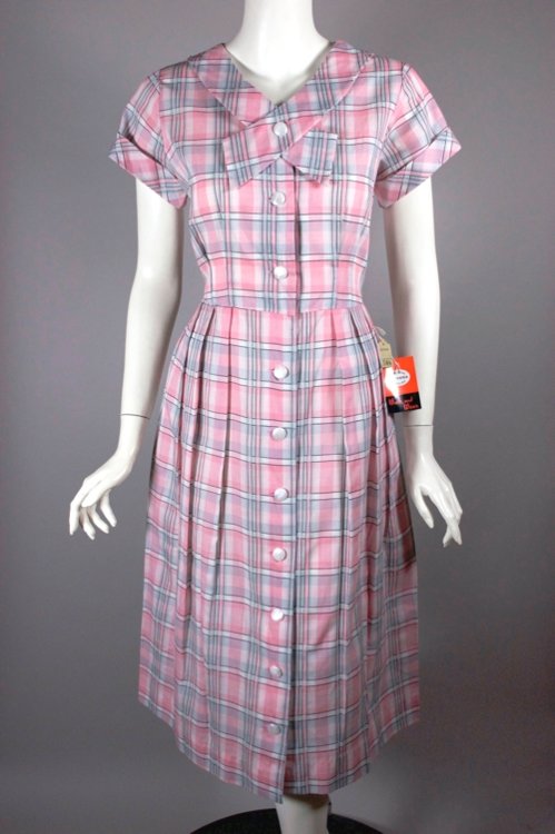 DR1193-pink plaid cotton 1950s dress deadstock half size M - 01.jpg