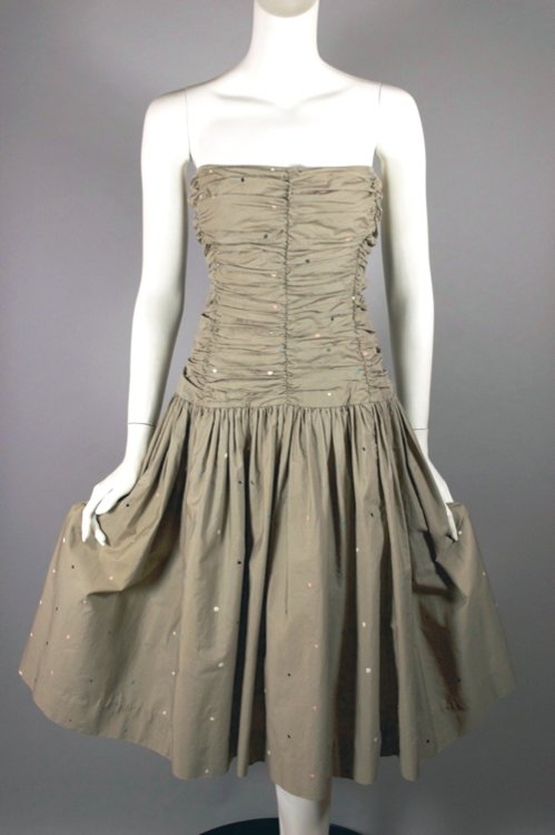 DR1194-80s does 1950s dress strapless khaki cotton polka dots - 01.jpg