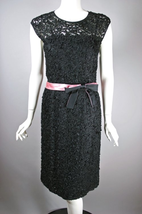 DR1196-ribbon knit black 1960s cocktail dress pink bow belt - 5.jpg
